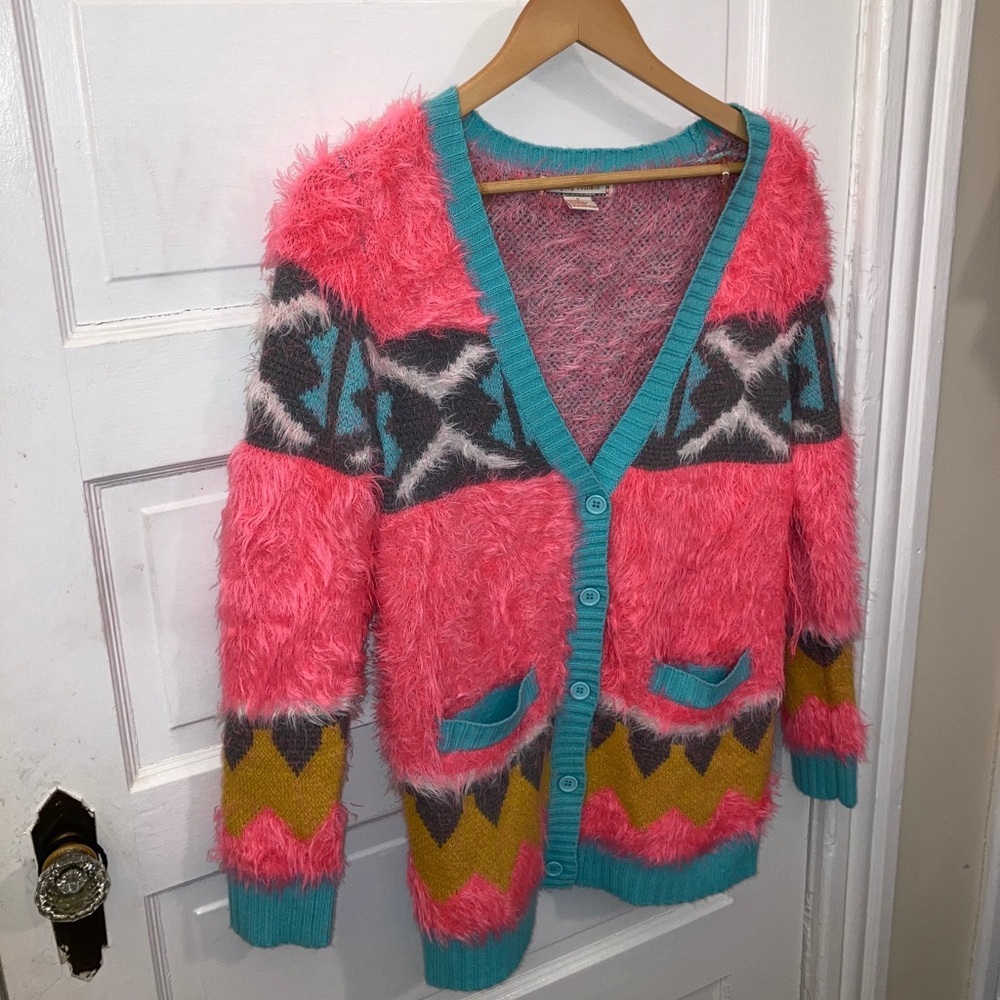 🍅 Vtg Flying Tomato Pink Fuzzy Aztec Sweater Sz S​